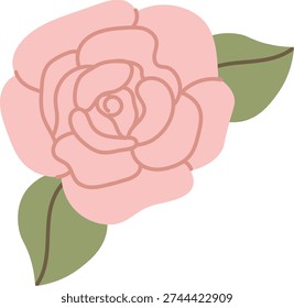 Rose flower with layered petal and two leaf in clean linework. Symbol of love, romance, wedding, and beauty for greeting, branding, and decor. Cartoon vector illustration.