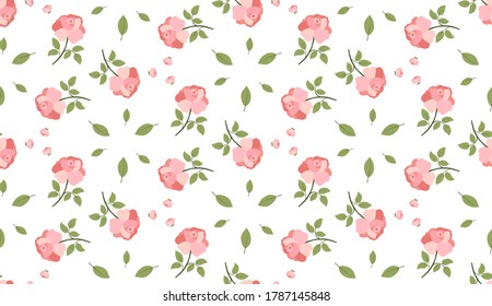 Rose flower and leaf seamless pattern for wallpaper design. Botanica repeat print for fabric, textile. Elegant floral backdrop.