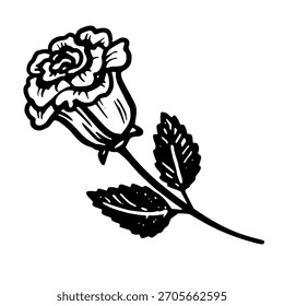 Rose flower with leaf vector illustration in doodle sketch style hand drawn line art in black and white. Simple art for valentines day design. Great for romantic card. Nice for cute love concept.