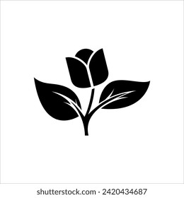 Rose flower with leaf vector silhoutte icon illustration on white background