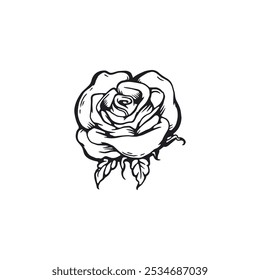 Flor de rosa com folhas ícone de contorno preto. Flor bela planta, floral mão desenhada elemento de design. Ilustração vetorial isolada sobre fundo branco. Estilo de tinta da decoração romântica da rosa do jardim