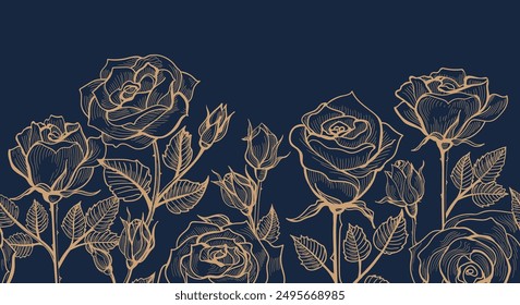 Rose flower and leaves horizontal seamless pattern. Floral roses tile on black background vector illustration