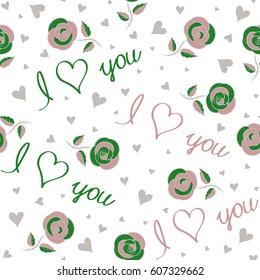 Rose flower, leaves, love text haerts in green and gray colors. Exotic vector pattern. Summer and spring design. Abstract pattern on a white background. Seamless doodle pattern.