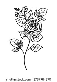 Rose flower with leaves outline design element, black white, vector illustration