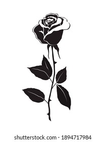 Rose flower with leaves over white background. Black silhouette of a rose. Vector illustration