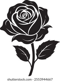 Rose flower with leaves silhouette vector art