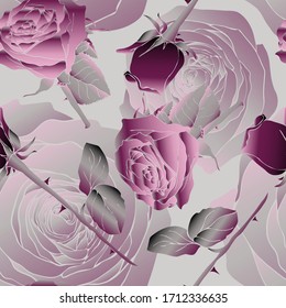 Rose Flower. Leaves. Vegetation. Seamless vector pattern with flowers. Hand drawing.