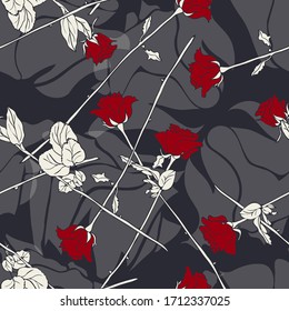 Rose Flower. Leaves. Vegetation. Seamless vector pattern with flowers. Hand drawing.