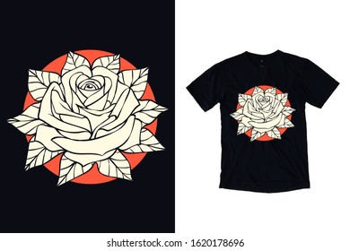 Rose flower with leaves in white and red color illustration for t shirt design