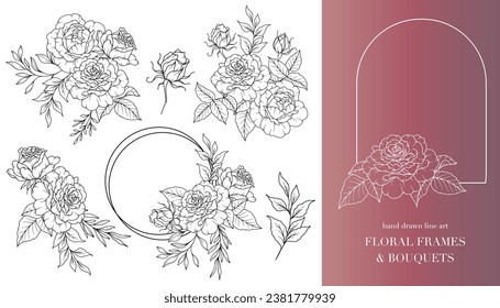 Rose Flower Line Art. Floral Frames and Bouquets Line Art. Fine Line Roses Frames Hand Drawn Illustration. Hand Draw Outline Leaves and Flowers. Botanical Coloring Page. Roses peony Isolated