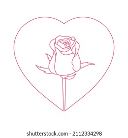 Rose flower line hand drawing with heart on white background. Vector design illustration.
