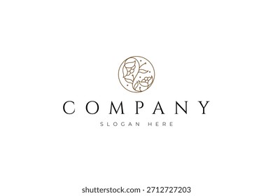 logotipo de flor de rosa com quadro de círculo em estilo de design de arte de linha luxuoso