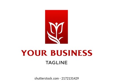 Rose flower logo design, icon, symbol with red frame represent gift box. Perfect for flowerist, flower shop, jewellery store, salon or spa visual identity design.