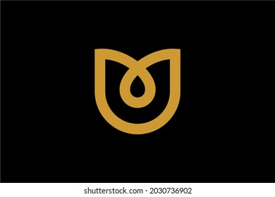 Rose flower logo design vector. Gold-letter U abstract sign. Natural organic logo design template.