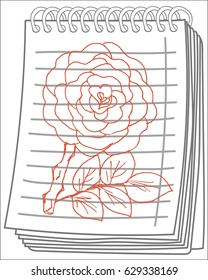 Rose flower on notebook background. Free hand drawn. Vector illustration. 