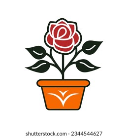 Rose flower on pot icon. Flat color design vector illustration