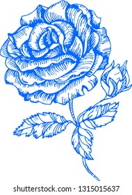 Rose flower on white background. Vector graphics. Vintage, silhouette, contour. For textiles, printing, postcards, fashion, textiles, scrapbooking. Handmade.