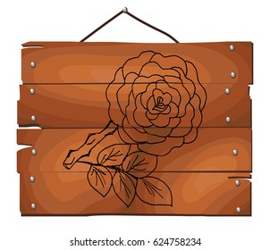 Rose flower on wooden plank background. Free hand drawn. Vector illustration. 