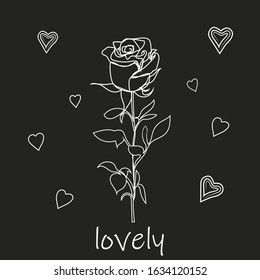 Rose flower. One line drawing, minimalistic style. Flower on a black background. Botanical, vintage floral illustration. Design for tattoo, love, heart, valentines day. Vector
