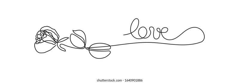 Rose flower one line drawing with phrase Love. Petal botanical plant, vector illustration minimalism. Symbol of love and valentine.