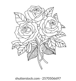 Rose flower outline illustration coloring book page design, Rose flower black and white line art drawing coloring book pages for children.