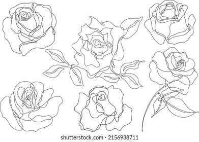 Vector de contorno de flor rosa. Juego de bocetos dibujados a mano. Dibujo de tinta de línea. Eps 10