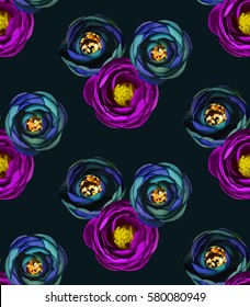 Rose Flower pattern fabric textile dark black purple blue