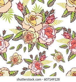 Rose. Flower pattern. Floral background with bouquet of pink roses and buds.