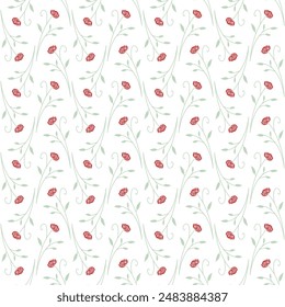 rose flower pattern with red color and green leaves, simple and attractive design, red rose flower vector image on white background smooth seamless wallpaper