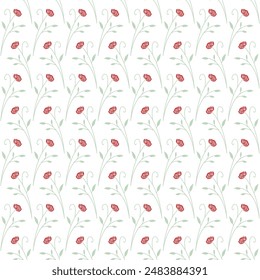 Rosenblütenmuster mit roter Farbe und grünen Blättern, einfaches und ansprechendes Design, rotes Rosenblüten-Vektorgrafik-Bild auf weißem Hintergrund glatter nahtloser Bildschirmhintergrund