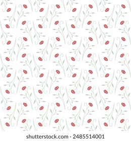rose flower pattern with red color and green leaves, simple and attractive design, red rose flower vector image on white background smooth seamless wallpaper