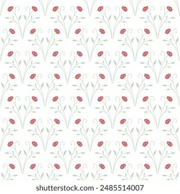 rose flower pattern with red color and green leaves, simple and attractive design, red rose flower vector image on white background smooth seamless wallpaper