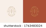 Rose flower petal line and branch with leaves vector logo emblem design template illustration simple minimal linear style. Outline graphics for cosmetic product packaging and garden flowers shop
