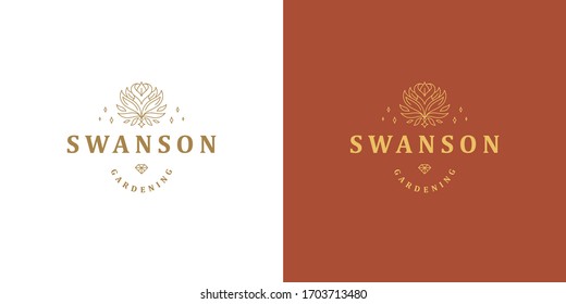 Rose flower petal line and branch with leaves vector logo emblem design template illustration simple minimal linear style. Outline graphics for cosmetic product packaging and garden flowers shop