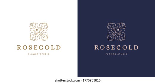 Rose Flower Petal Line And Branch With Leaves Vector Logo Emblem Design Template Illustration Simple Minimal Linear Style. Outline Graphics For Cosmetic Product Packaging And Garden Flowers Shop