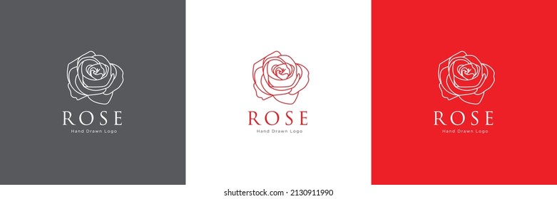 Rose flower petal line and branch with leaves vector logo emblem design template illustration simple minimal linear style. Outline graphics for cosmetic product packaging and garden flowers shop svg