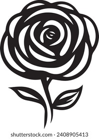 Rose flower petal line and branch with leaves vector logo emblem design template illustration simple minimal linear style. Outline graphics for cosmetic product packaging and garden flowers shop