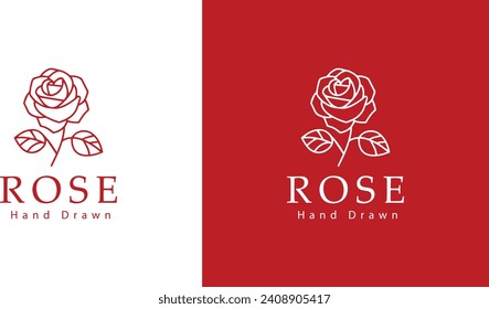 Rose flower petal line and branch with leaves vector logo emblem design template illustration simple minimal linear style. Outline graphics for cosmetic product packaging and garden flowers shop