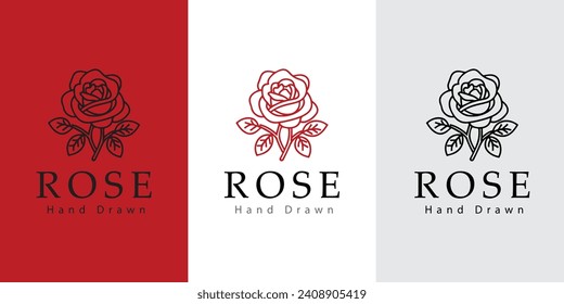 Rose flower petal line and branch with leaves vector logo emblem design template illustration simple minimal linear style. Outline graphics for cosmetic product packaging and garden flowers shop