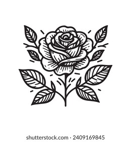 Rose flower petal line and branch with leaves vector logo emblem design template illustration simple minimal linear style. Outline graphics for cosmetic product packaging and garden flowers shop