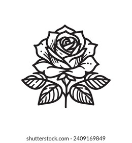 Rose flower petal line and branch with leaves vector logo emblem design template illustration simple minimal linear style. Outline graphics for cosmetic product packaging and garden flowers shop