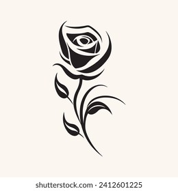 Rose flower petal line and branch with leaves vector logo emblem design template illustration simple minimal linear style. Outline graphics for cosmetic product packaging and garden flowers shop
