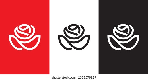 Rose Blume Blütenblatt Linie und Zweig mit Blättern Vektor Logo Emblem Design Template Illustration einfach minimalen linearen Stil. Outline-Grafiken für kosmetische Produktverpackungen und Garten Blumen Shop