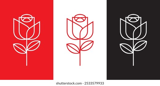 Rose flower petal line and branch with leaves vector logo emblem design template illustration simple minimal linear style. Outline graphics for cosmetic product packaging and garden flowers shop