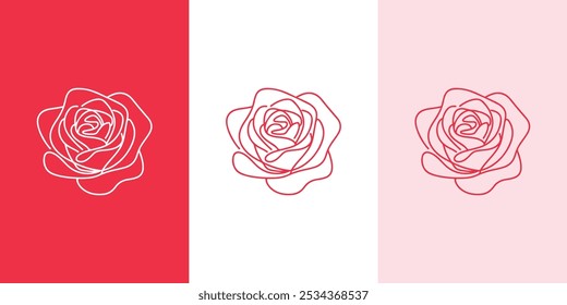 Linha pétala de flor de rosa e ramo com folhas vetor logotipo emblema modelo ilustração estilo linear mínimo simples. Gráficos de estrutura de tópicos para embalagem de produtos cosméticos e loja de flores de jardim