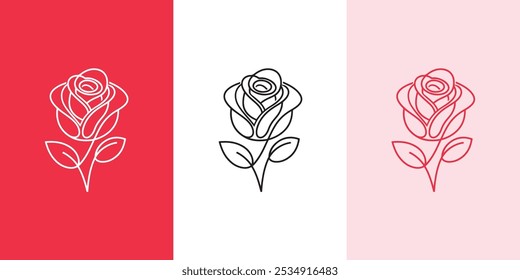 Linha pétala de flor de rosa e ramo com folhas vetor logotipo emblema modelo ilustração estilo linear mínimo simples. Gráficos de estrutura de tópicos para embalagem de produtos cosméticos e loja de flores de jardim