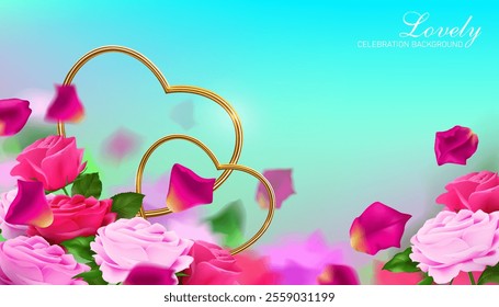 rose flower and petals,two gold metallic heart shape lines decorative natural lovely concept background.valentine's day,mother's day and other lovely event celebration concept banner,greeting card.