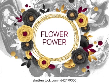 Rose Flower Poster Design. Grey Marble Texture Card. Shimmer Golden Banner Template. Vector Illustration Gold Foil Glitter Frame.