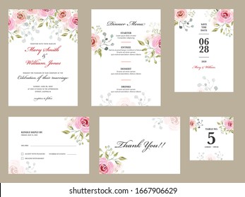 Rose Flower Printed Wedding Invitation Card, Dinner Menu, Save The Date, Kindly Reply Or RSVP, Table No And Thank You.