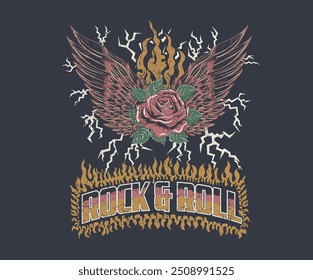 Rose flower. Rock star design. Eagle fly vector artwork for t shirt and others. Rock and roll graphic print design for apparel, stickers, posters and background. Fire with thunder.